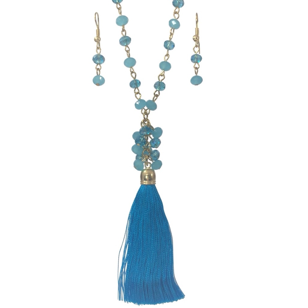 🔴 CLEARANCE Aqua Blue Bead Tassel Long Necklace Earrings Set